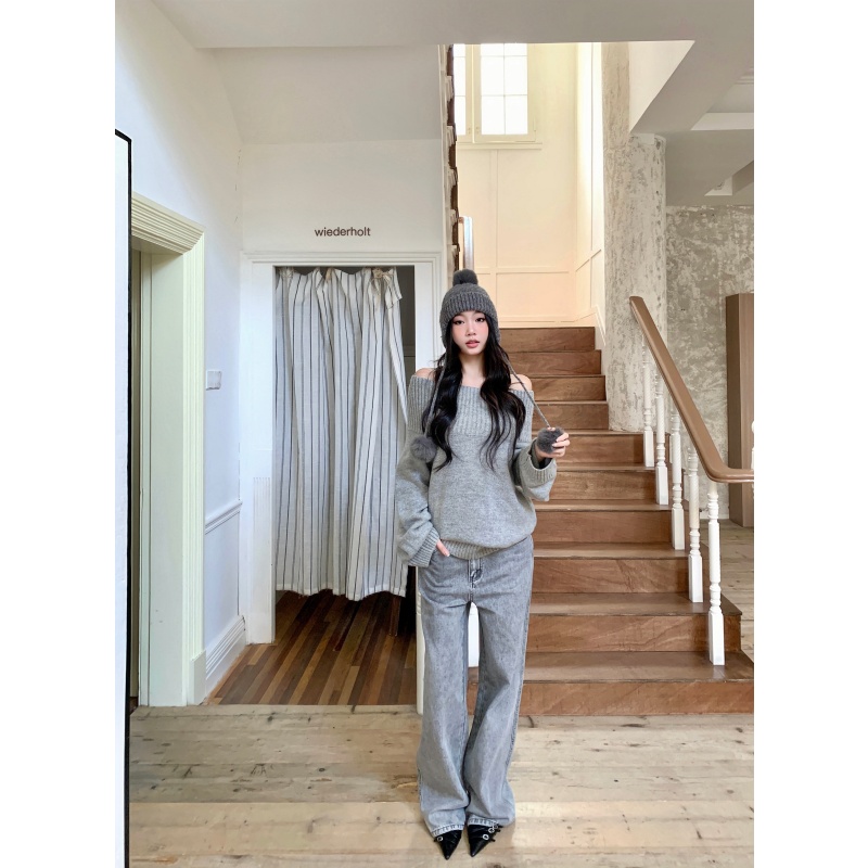 withmin凉皮 秋冬复古感做旧遮胯显瘦直筒百搭阔腿牛仔裤N260089