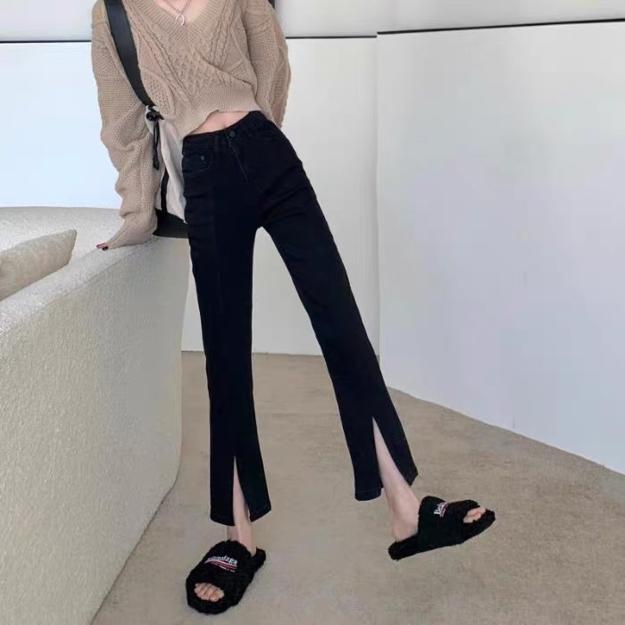 C2197复古港味开叉九分牛仔裤女春秋新款大码显瘦百搭直筒裤AB314