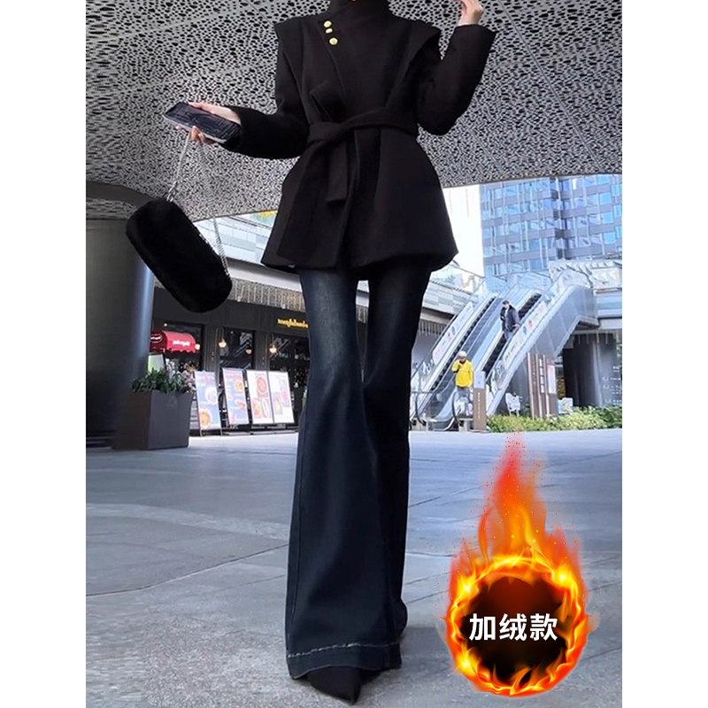 美式复古微喇加绒牛仔裤女秋季新款辣妹水洗低腰不贴腿显瘦喇叭裤