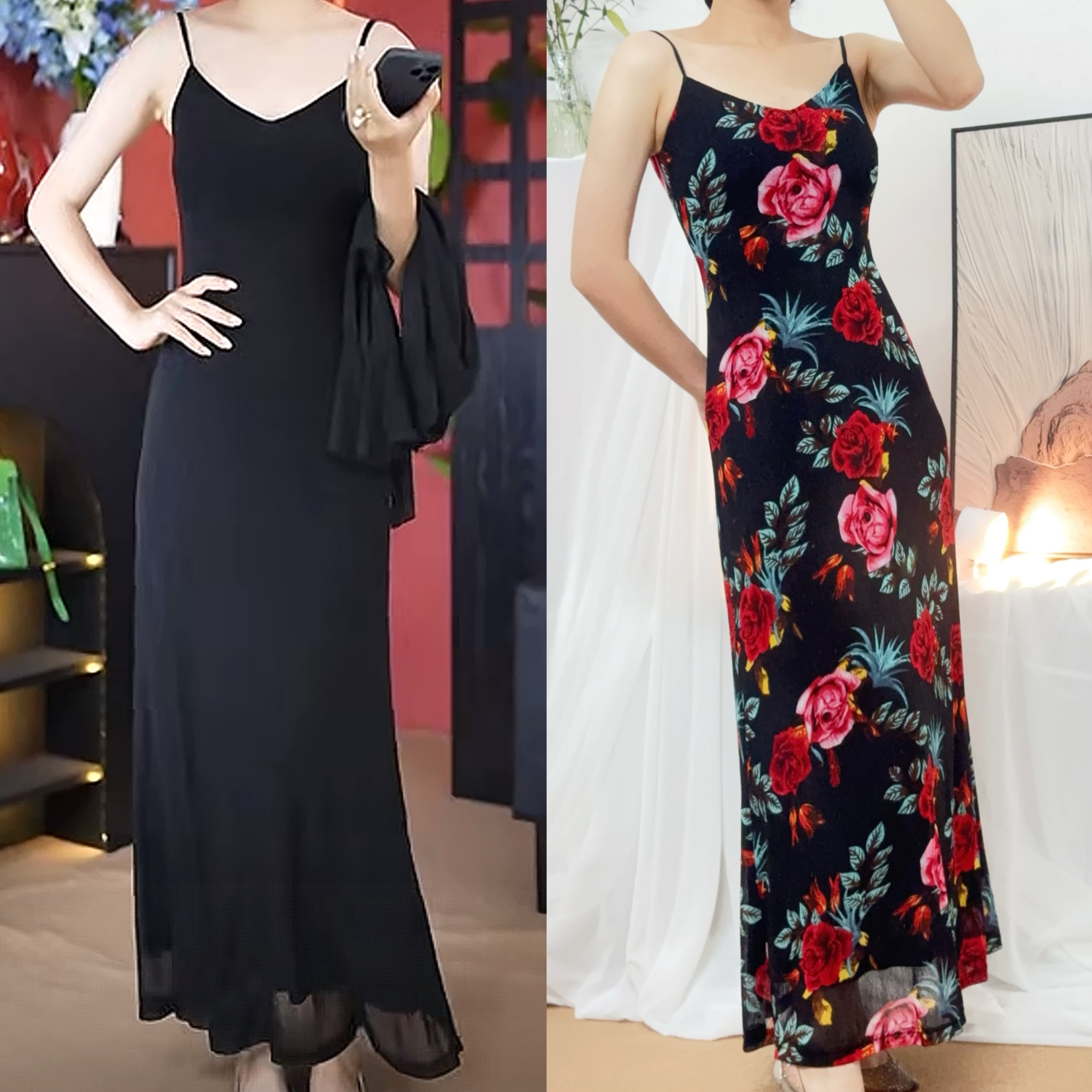 曹掌柜夏季时尚修身收腰显瘦女人味气质长款弹力网纱吊带裙