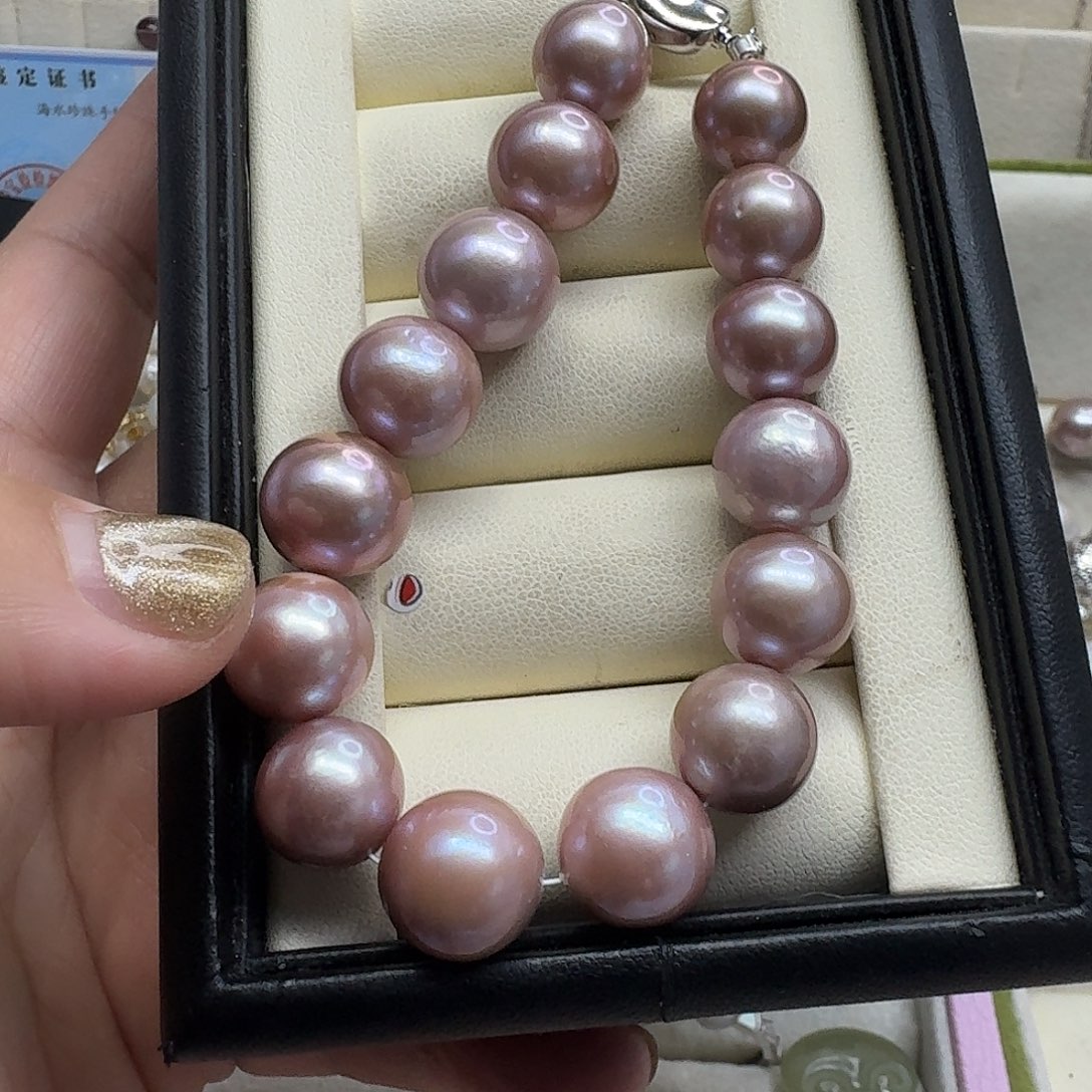 呆***猫淡水珍珠银S925镶嵌手绳11-13mm紫珠手链