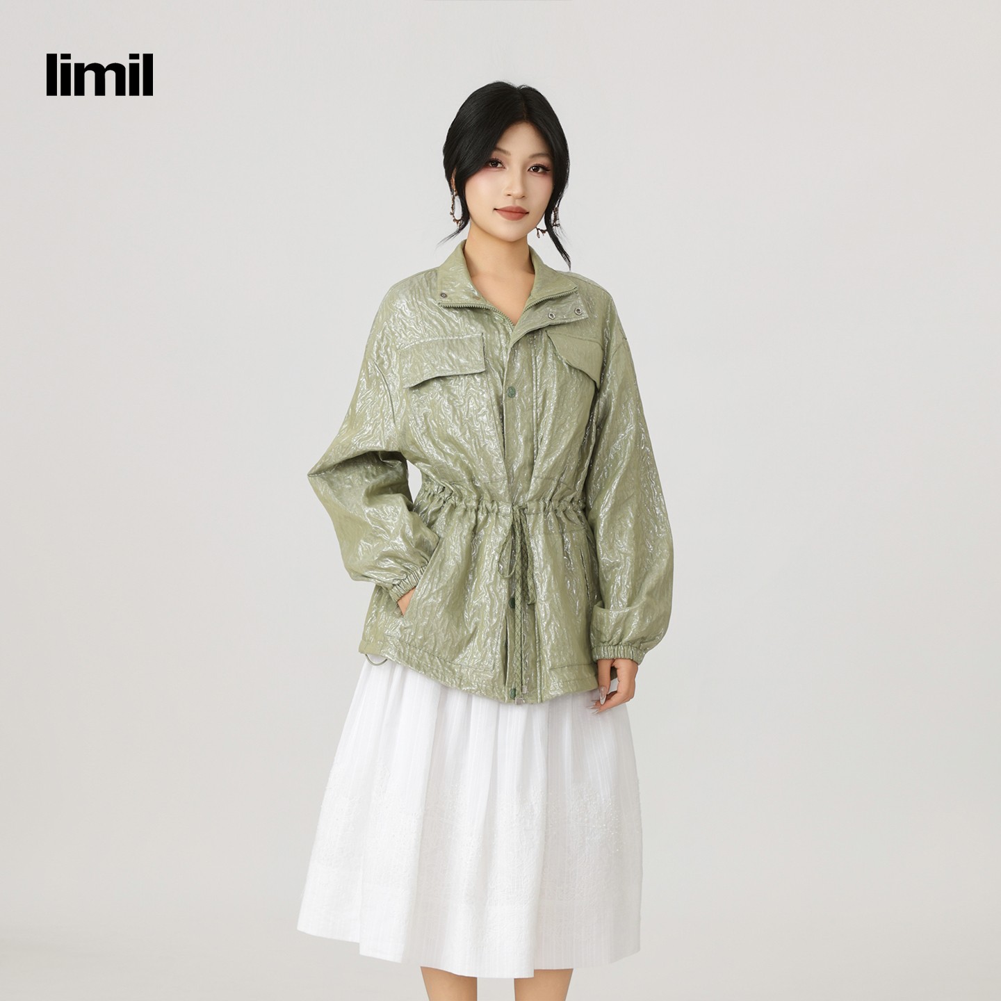 limil/丽米儿秋季时尚短外套透气立领短袖拼接中式提花长袖940026