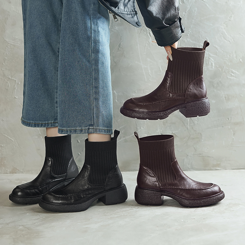 4cm/舒适厚底切尔西短靴女显瘦轻奢袜靴软底冬季加绒粗跟女鞋子40