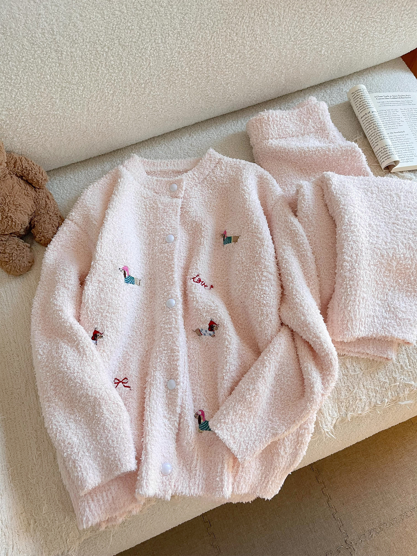 甜美可爱腊肠狗针织半边绒睡衣女冬季休闲保暖加绒加厚家居服套装