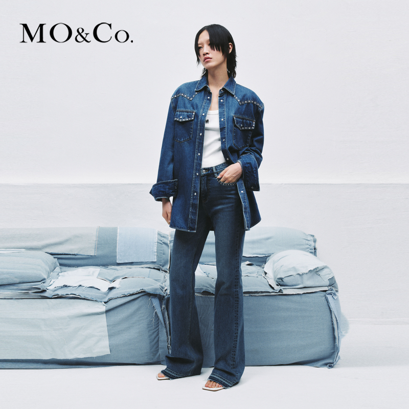 【陈大可专属】MOCO秋摇滚钻饰宽肩蓝色牛仔外套丹宁风MBC3JKTT12