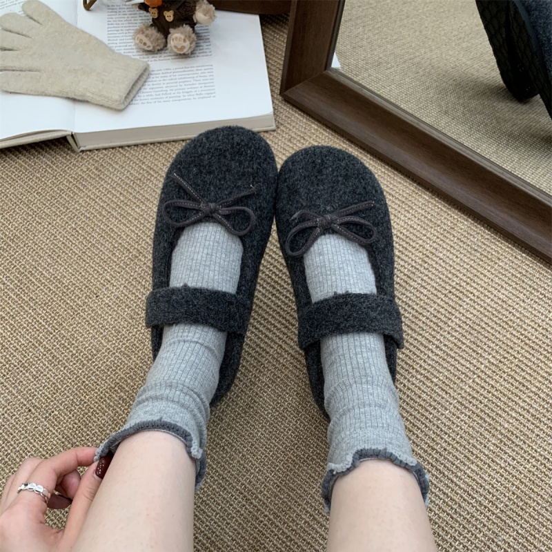 蝴蝶结灰色毛毛鞋女冬外穿新款呢子加绒单鞋平底保暖玛丽珍豆豆鞋