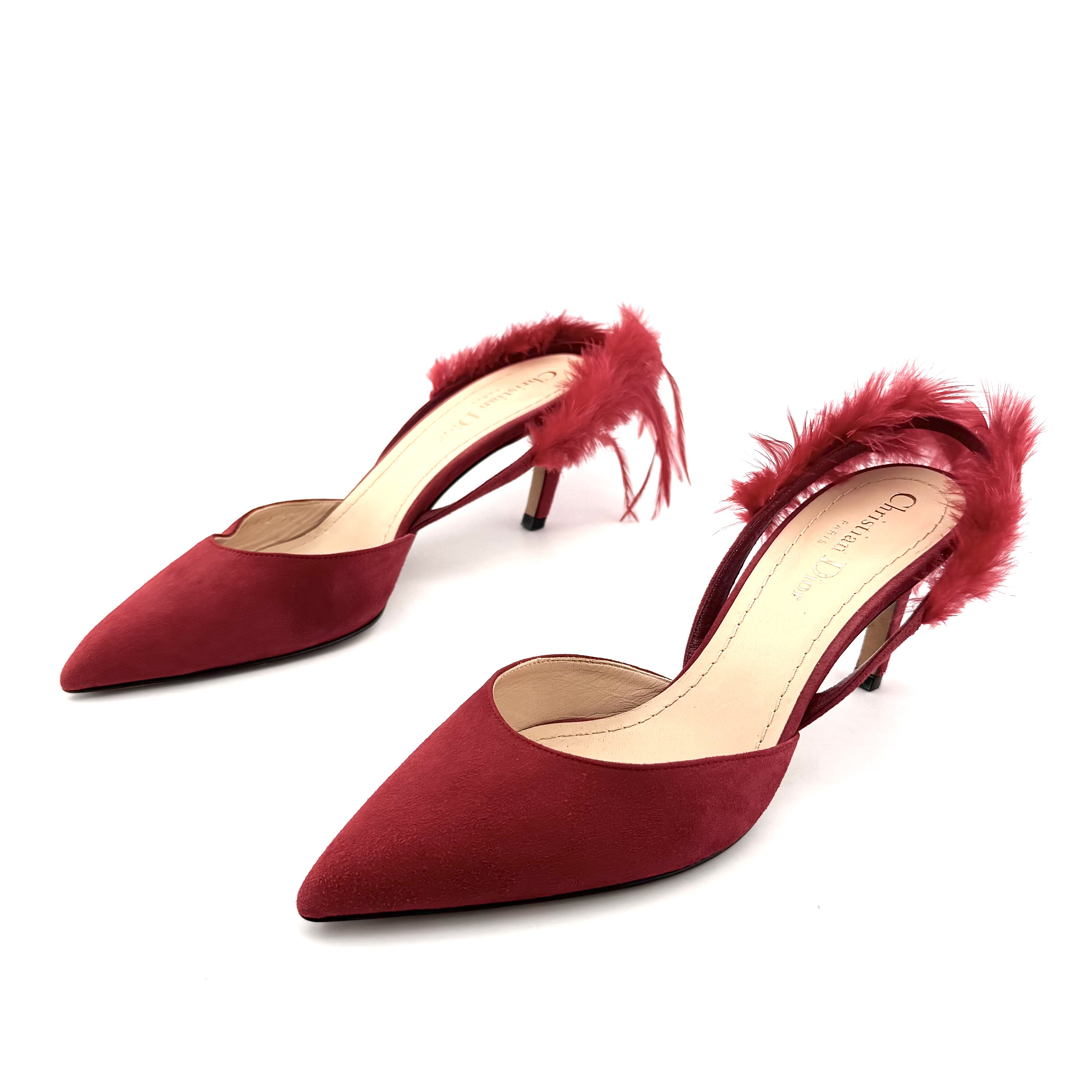 90新 DIOR/迪奥 Dior/迪奥 37码 红色羽毛尖头短跟鞋 D5703