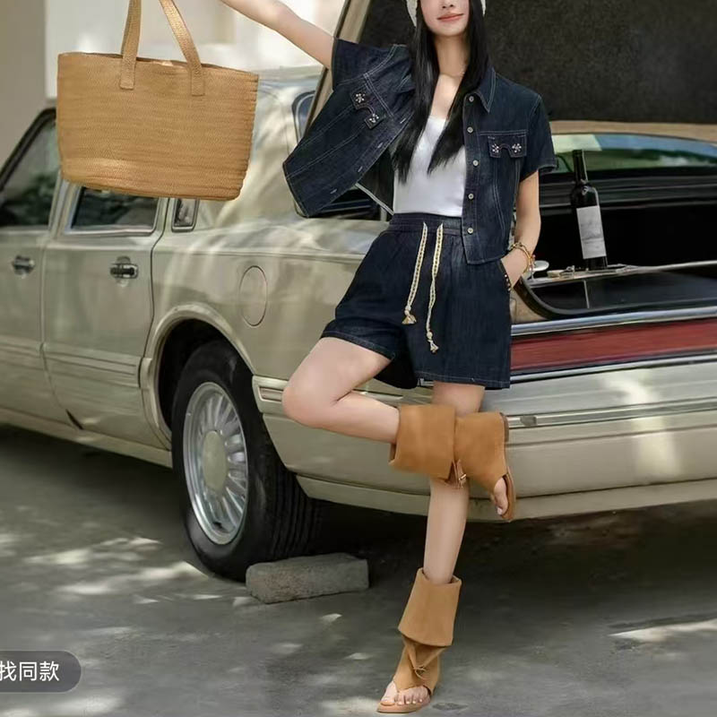 （女装）25112 夏季洋气翻领短袖上衣配短裤休闲牛仔两件套装