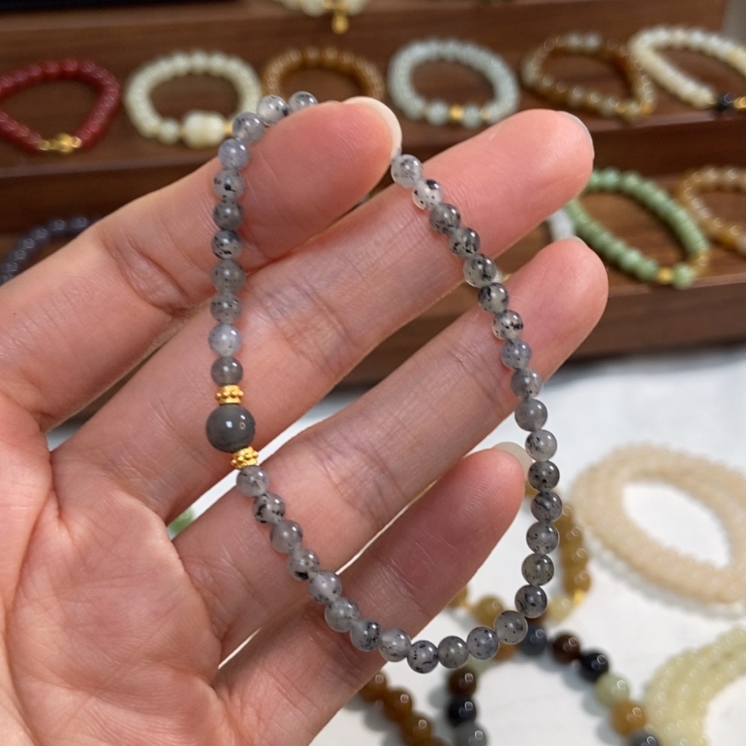 和田玉银S925镶嵌手链福利4mm青花