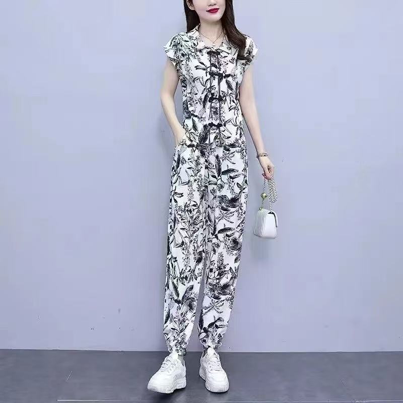 夏新品盘扣水墨画印花休闲套装女短袖时尚洋气减龄哈伦长裤两件套
