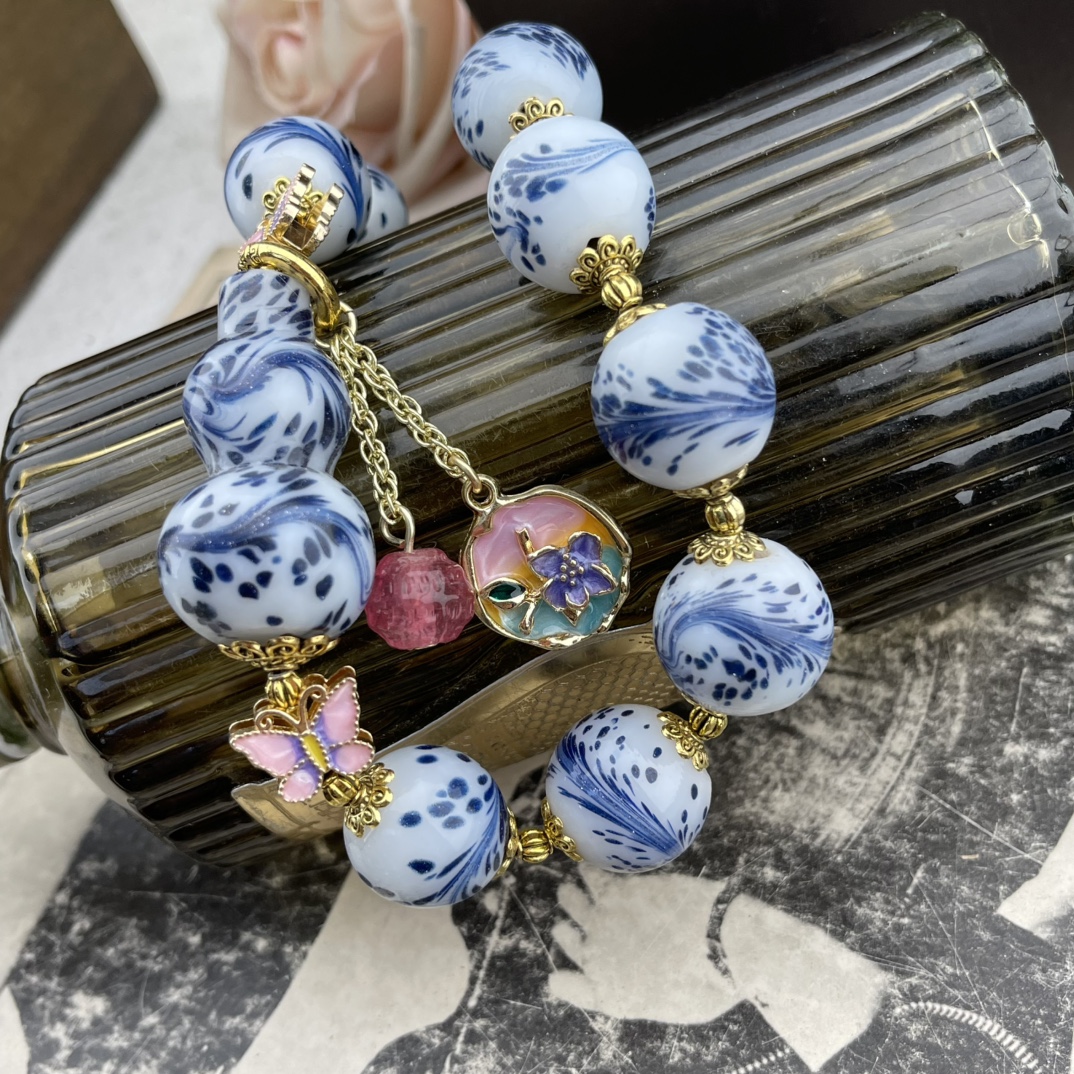 铜合金琉璃项链 凤尾老琉璃葫芦项链手工蓝色时尚百搭复古气质