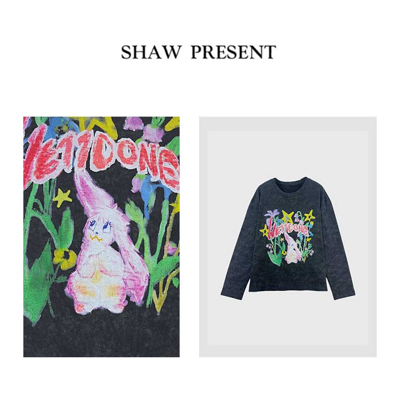 Amor花兔*100棉 斑驳洗水做旧立体涂鸦印花长袖T恤SEY-LA1001