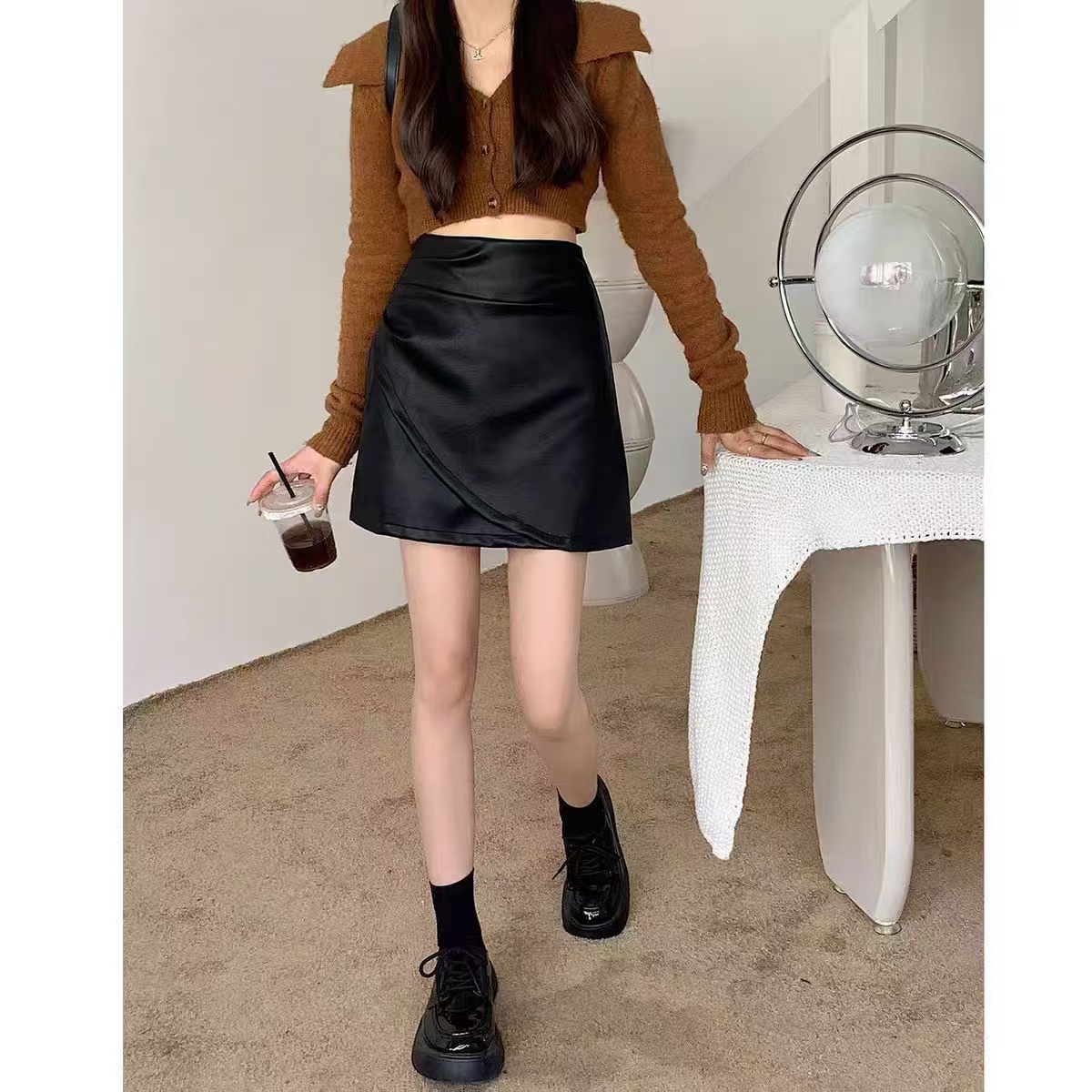 衣9629秋季新款高腰褶皱半身裙防走光包臀a字短裙