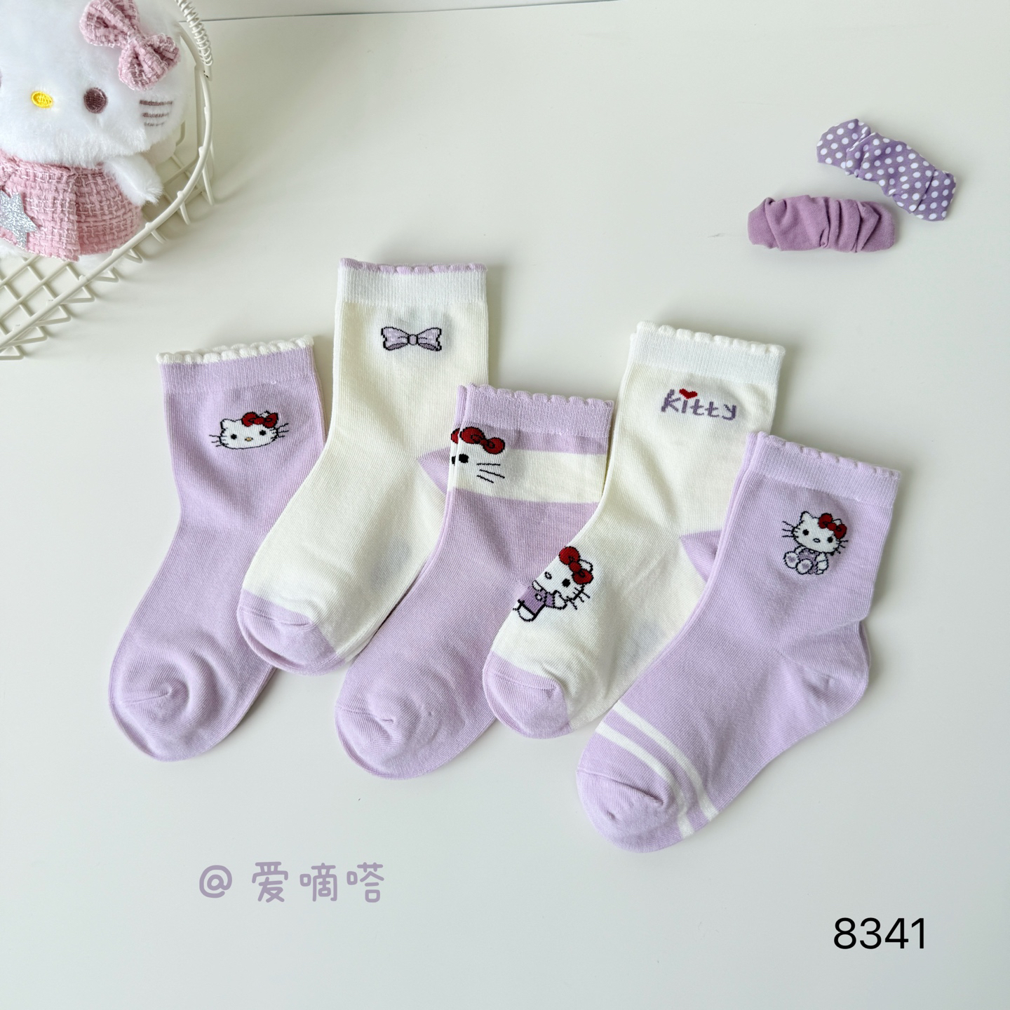 爱嘀嗒8341儿童袜子秋冬卡通紫色小猫四季可爱精梳棉中筒新款