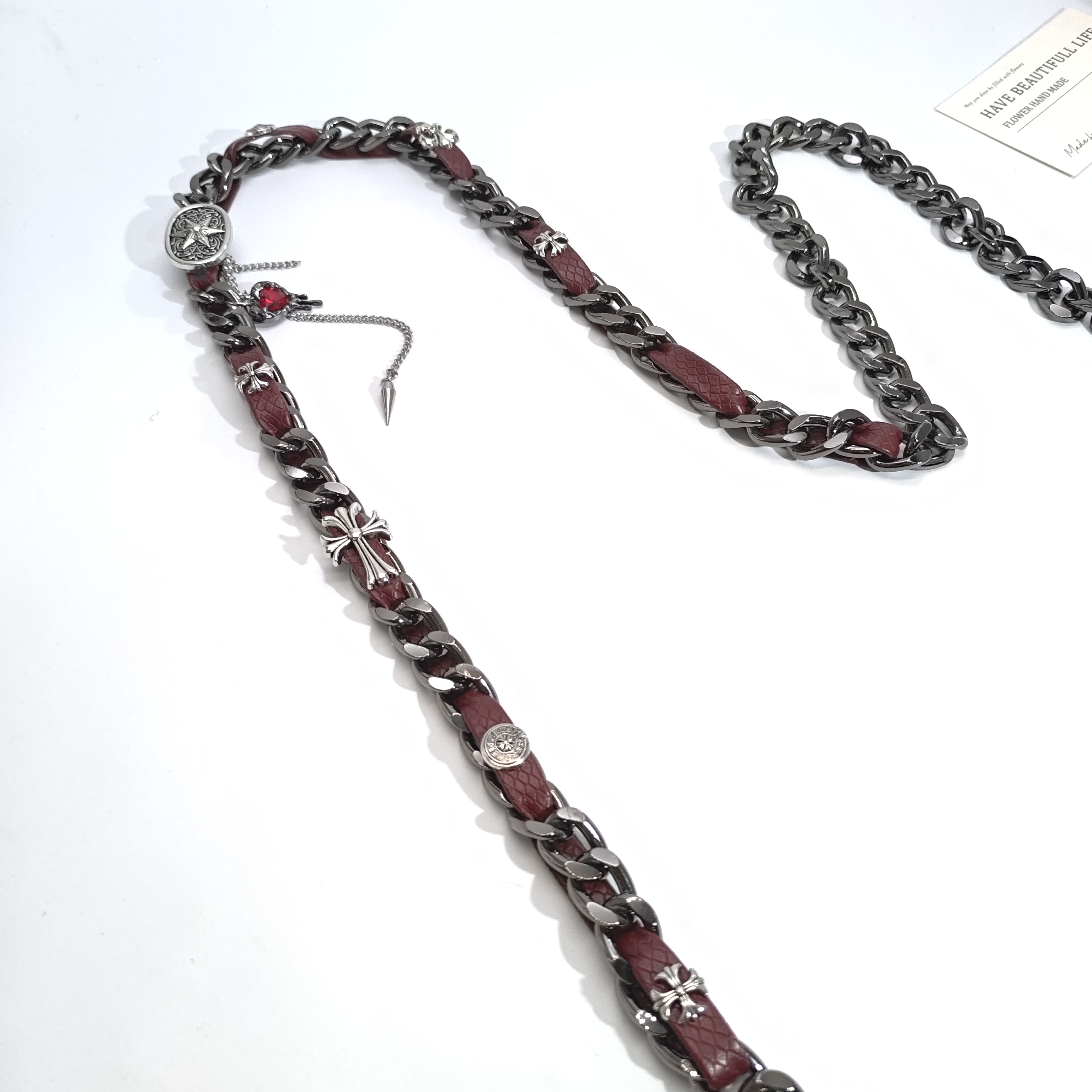 06926高级气质拼红皮链条十字个性手机链