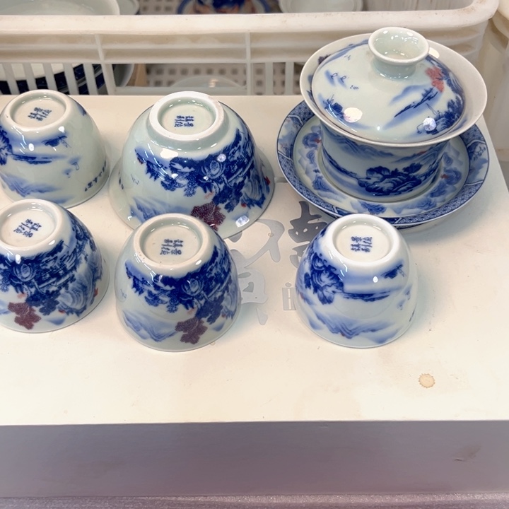瓷片白青花富春山居图六件套全品