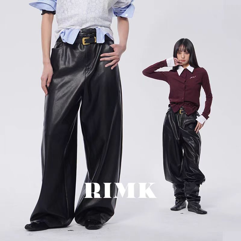 RIMK【吕颖lvy同款】小众双腰头蛋白PU直筒皮裤酷飒御姐25SS112