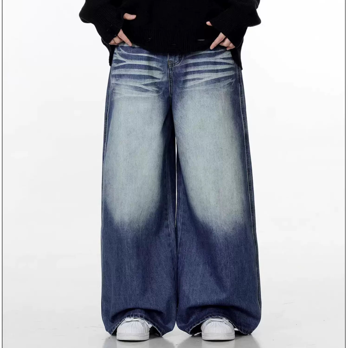美式复古刷蜡猫须设计感水洗蓝牛仔裤baggy版型做旧直筒宽松ykk