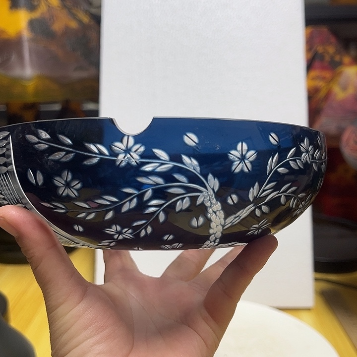 花****琉璃手工艺品兰色磨刻花瓶花器高6口20