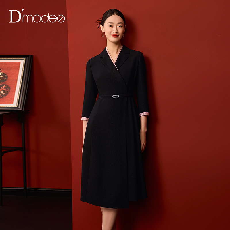 【商场同款】黛玛诗三醋酸连衣裙女2025秋新款通勤收腰裙（附腰带）