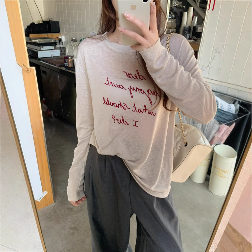 亦声【天丝莱赛尔】字母长袖体恤春季新款老钱风慵懒打底衫T恤女ZC