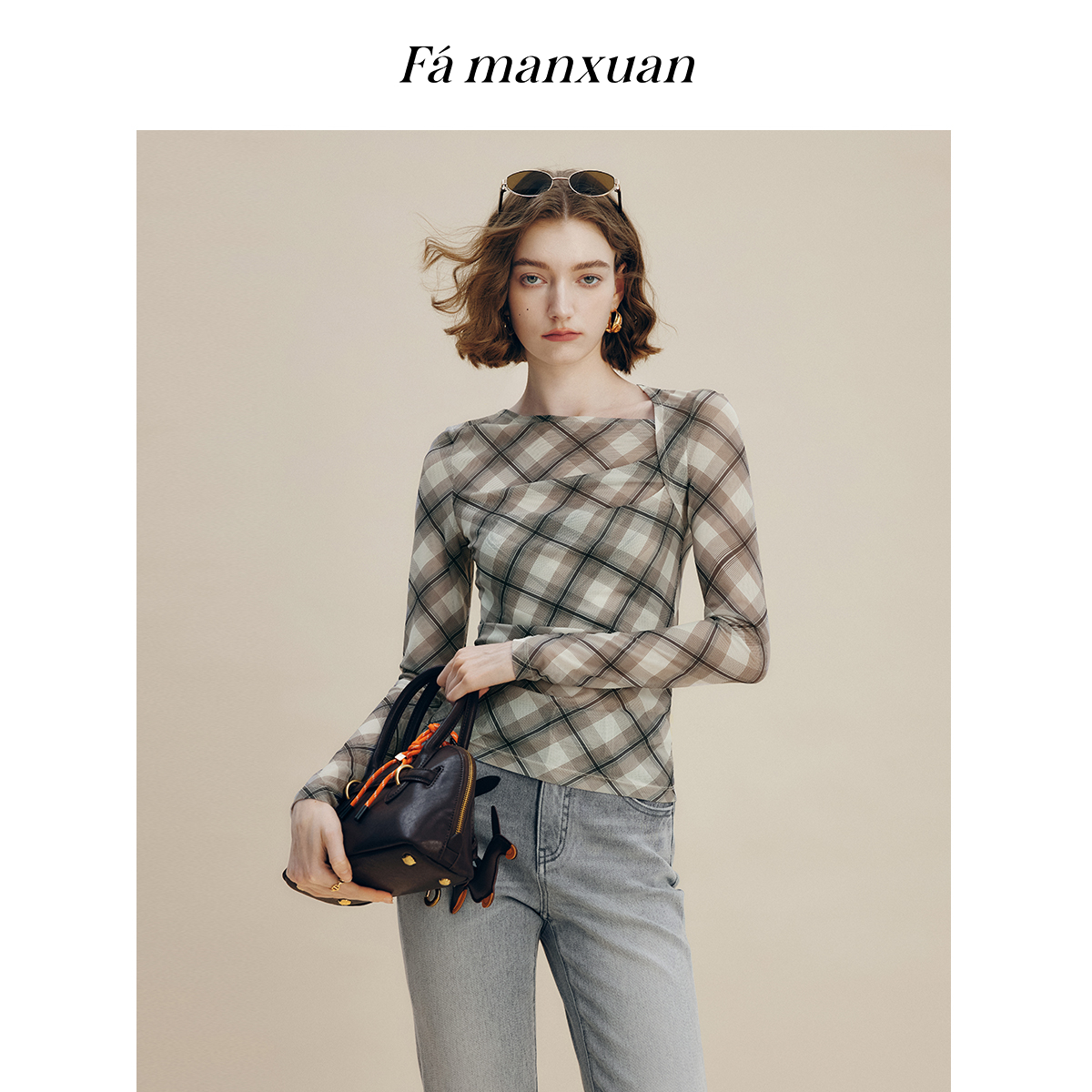 【CC专属】法曼萱不对称格纹弹力网纱衫女秋上衣TX0416