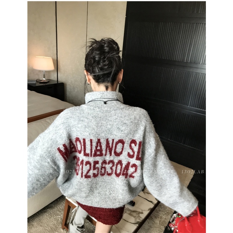 灰色字母拉链毛衣女冬季美式加厚宽松慵懒撞色立领抽绳针织上衣