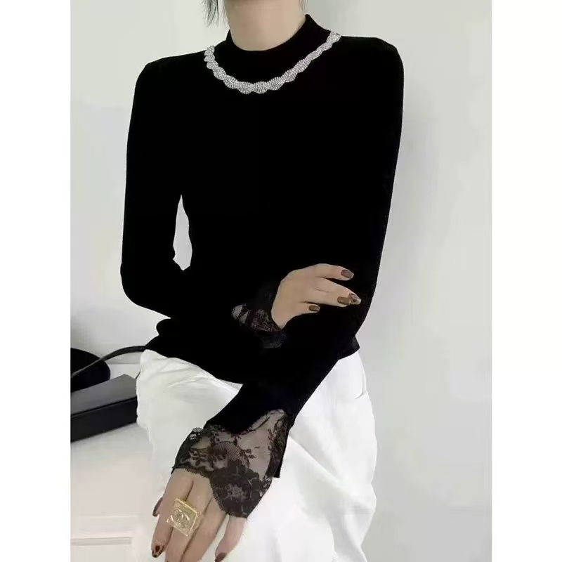 2026春秋季新款时尚法式高级感纽带蕾丝袖口内搭女士针织衫H2-53