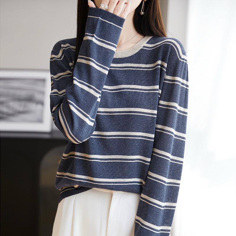 春夏超薄莱赛尔亚麻针织T恤女条纹打底衫圆领长袖针织衫薄款