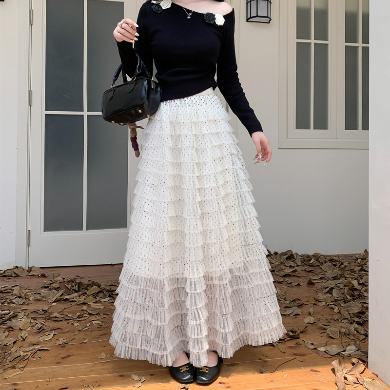 新款法式温柔复古气质蕾丝网纱拼接蛋糕裙高腰显瘦半身裙蓬蓬裙女