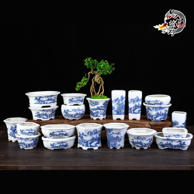 陶瓷白瓷贴花青花瓷家用手绘花盆陶瓷小盆栽办公室桌面阳台多肉椭