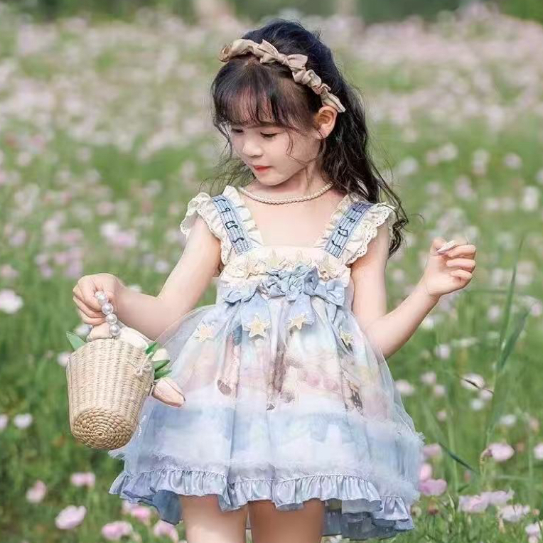 女夏季欧美风纯色中国风连衣裙女童裙子演出服花童小女孩