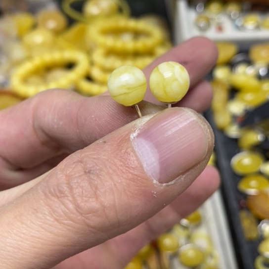 蜜蜡裸石银S925镶嵌耳钉