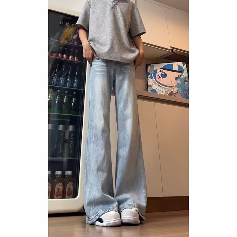 8349美式街头水洗蓝竹节纹牛仔裤男春秋直筒宽松高街vibe风长裤子