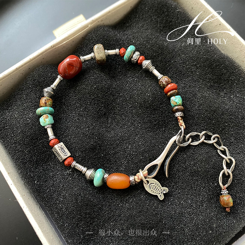 925银手链 【年年】原创设计复古个性彩色国潮风设计师手工气质叠戴