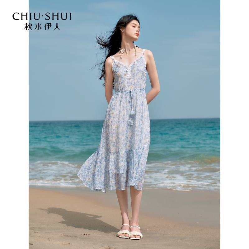 【诗语专属】秋水伊人A型V领花边连衣裙夏休闲中长裙625203D020274