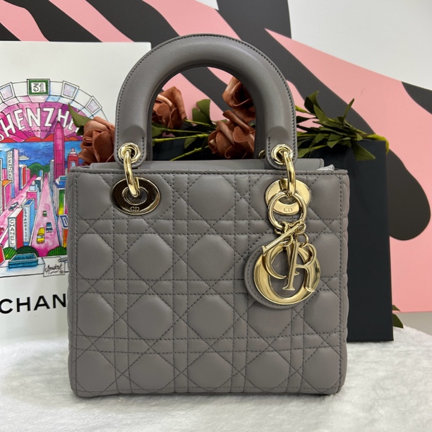 99新 DIOR/迪奥 灰色四格戴妃手提包斜挎包