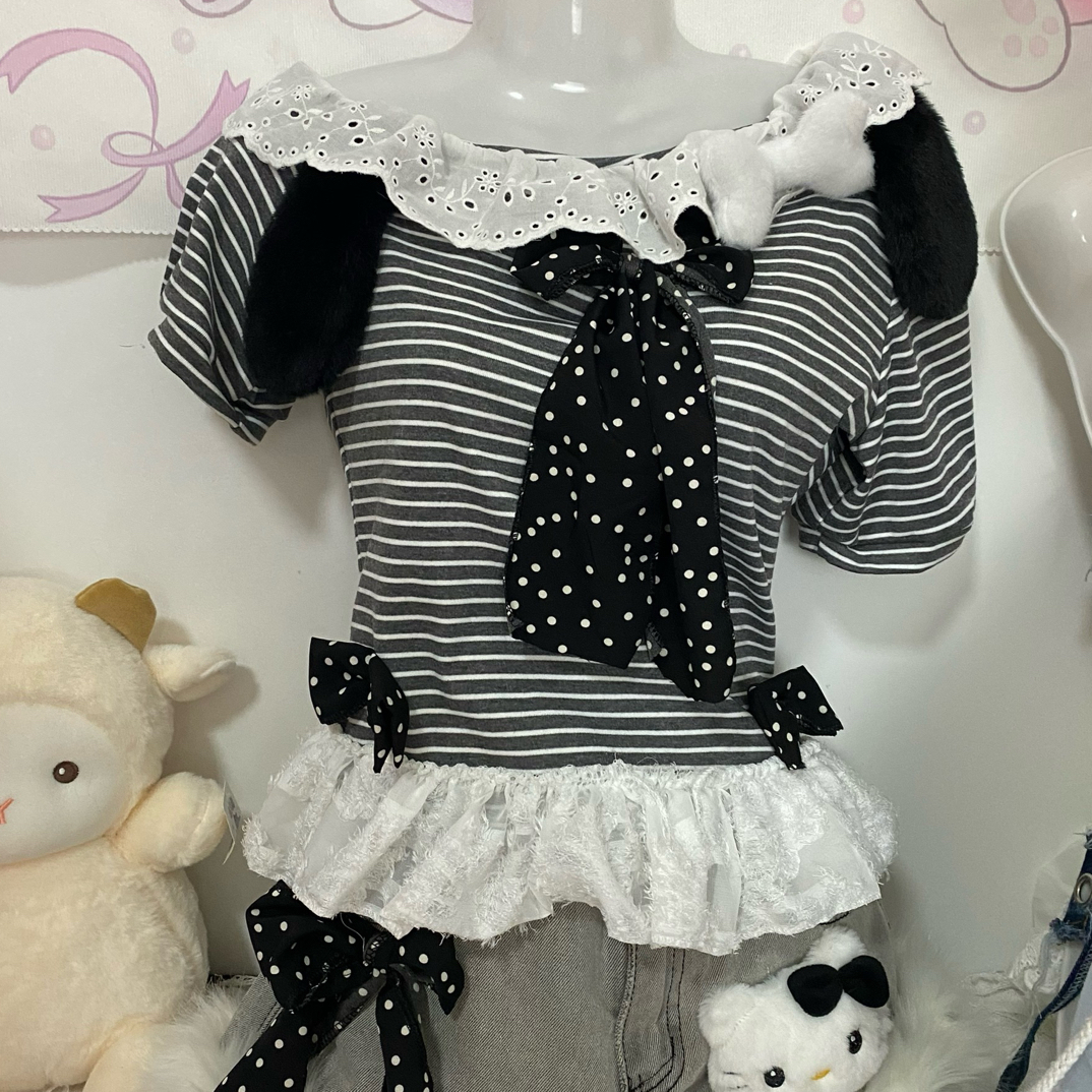 28甜美蕾丝露肩娃娃衫夏季蓬蓬裙手作原创黑白kiti裤子套装可爱