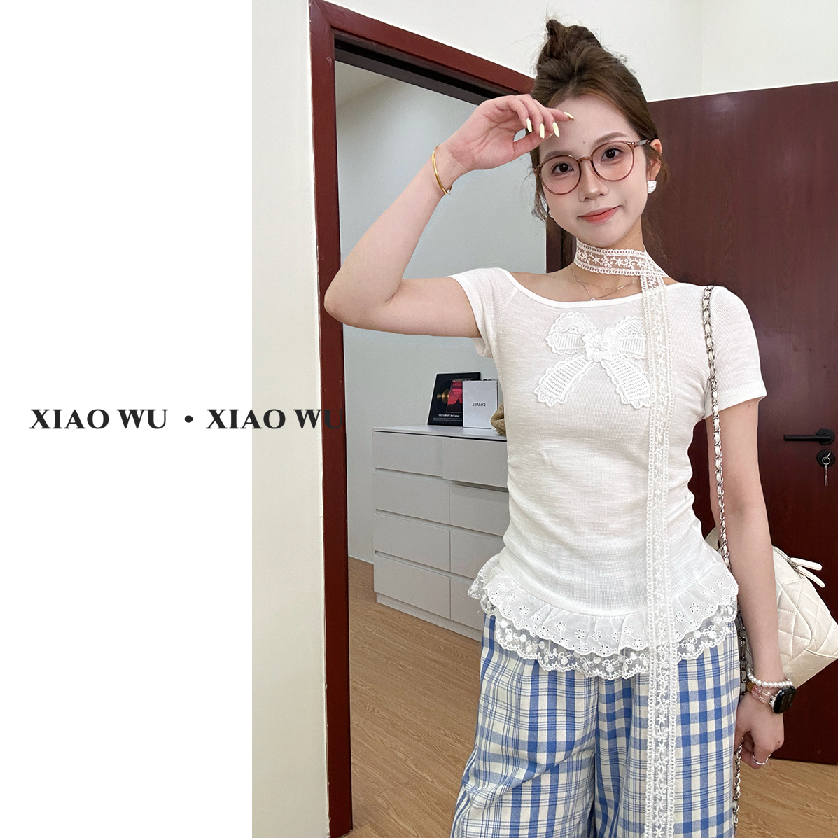 2025夏季蝴蝶结斜肩纯欲风修身显瘦蕾丝拼接短袖T恤气质白色