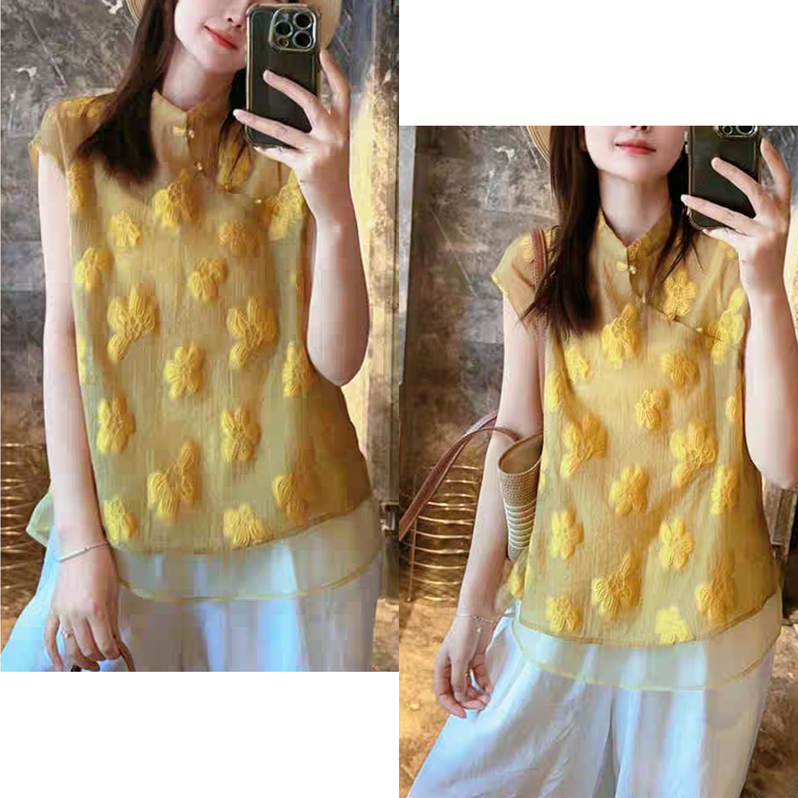 B 门店42&9！小黄花马甲」国风改良旗袍领双层无袖背心上衣C23008
