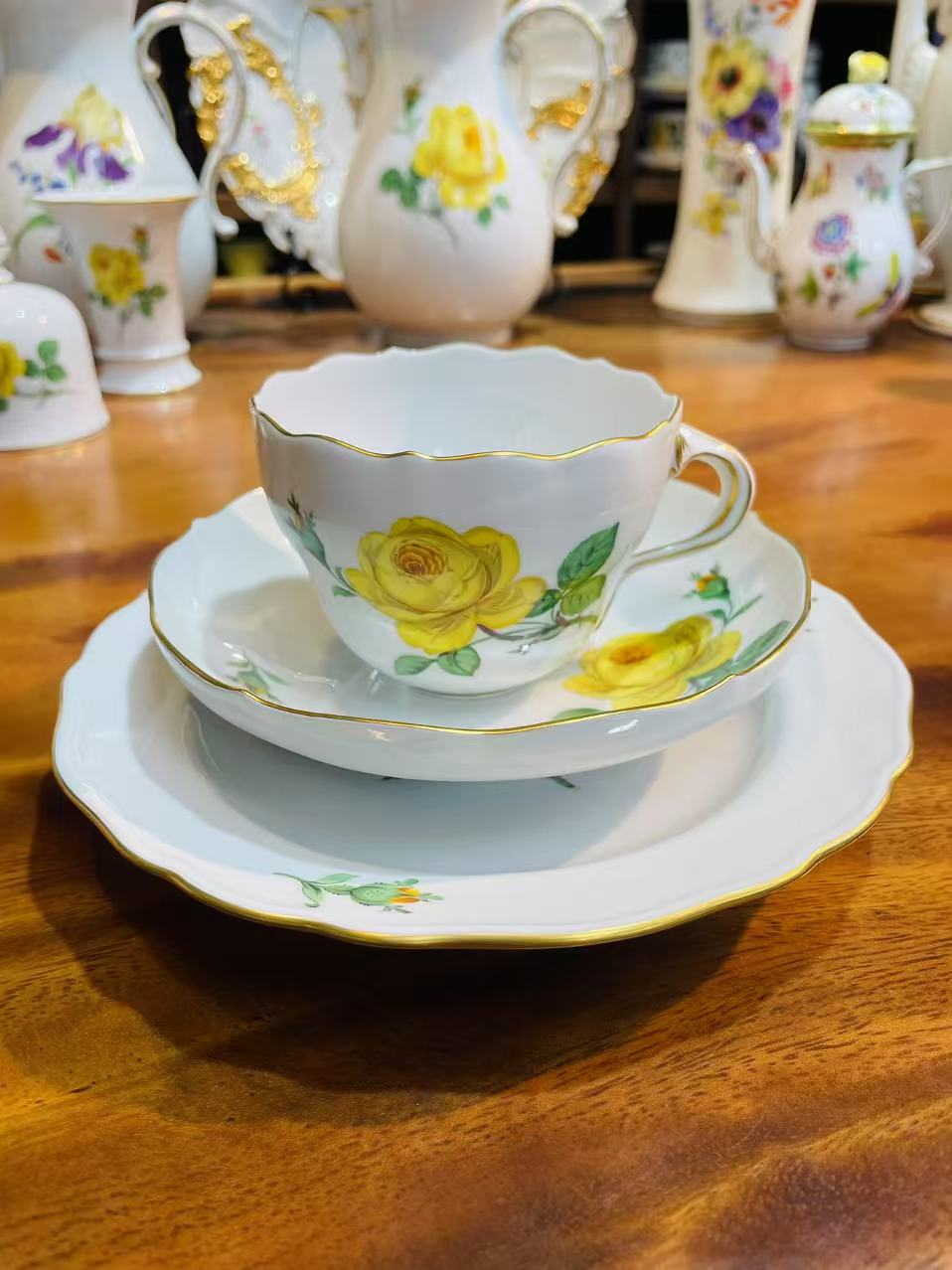中古欧瓷梅森Meissen黄玫瑰下午茶咖啡杯红茶杯大杯一杯双碟二等
