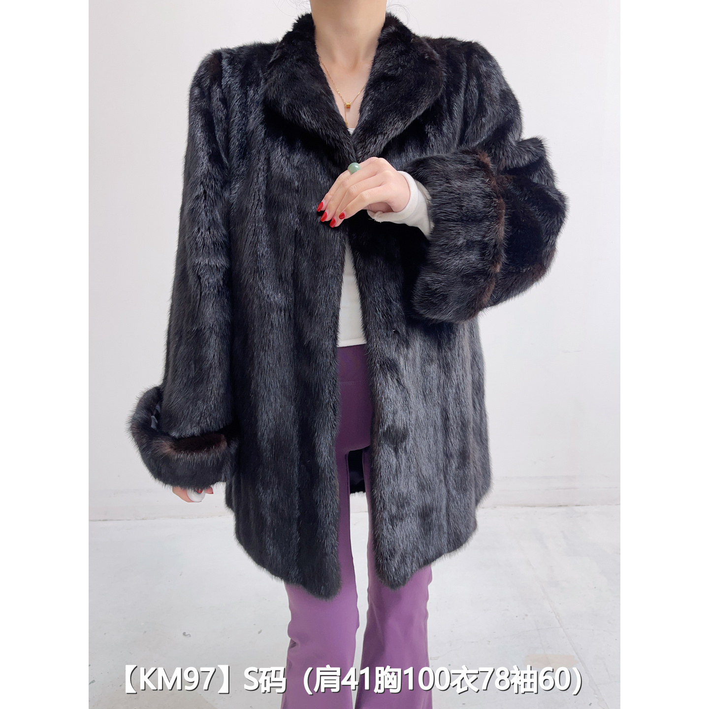 【KM97】M 棕黑色中长款全抽貂皮水貂大衣女 翻领挽袖 36097