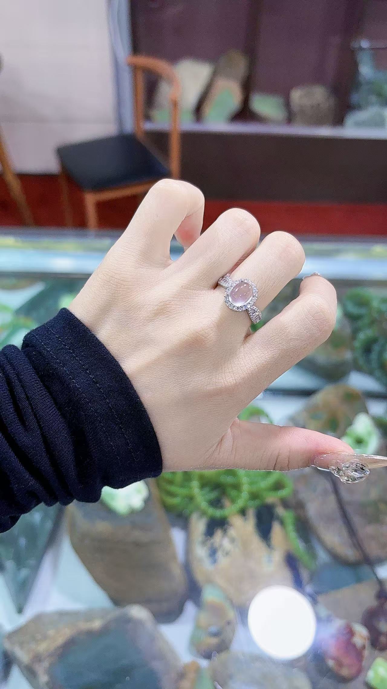 爆款小蛮腰粉水晶开口戒925银镶