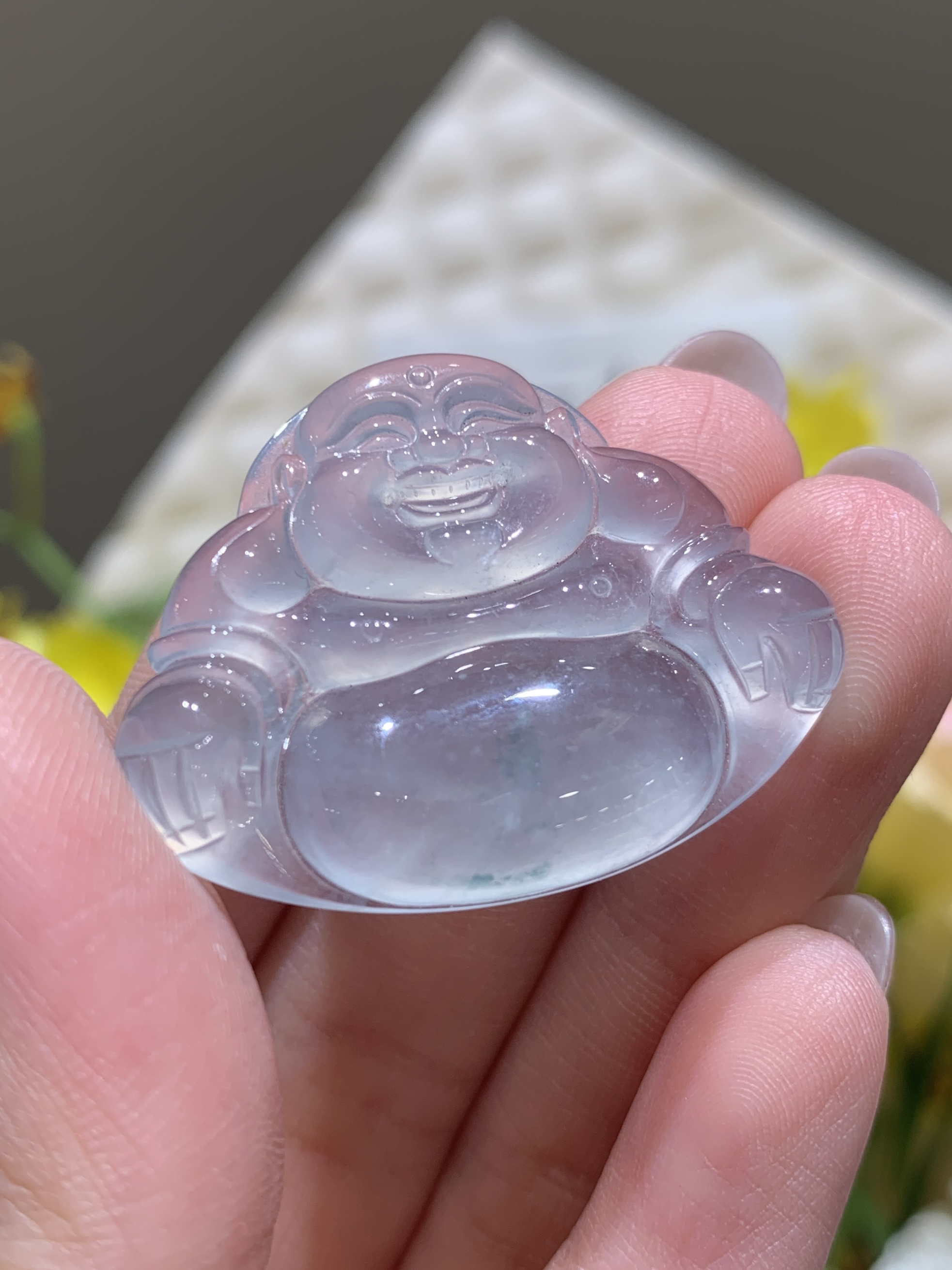 天然缅A翡翠高冰玻璃底佛公26.7-34.6-5.3mm