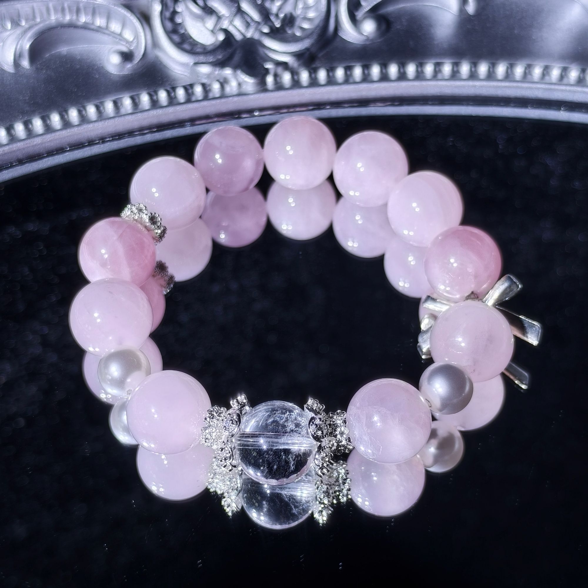 cy47-粉水晶白水晶花托蝴蝶配饰手串