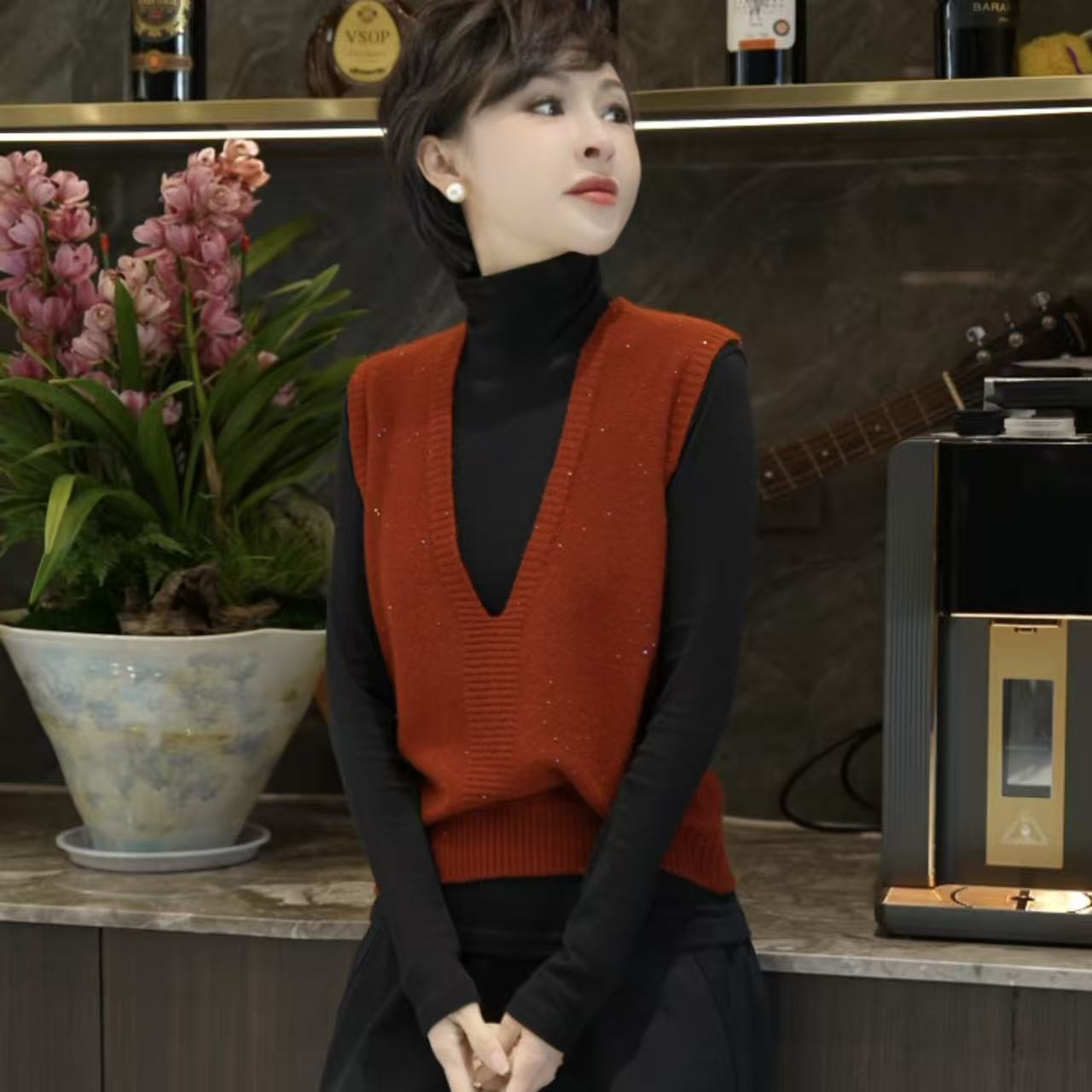 【感恩老粉 满天星】秋冬加厚保暖百搭休闲V领无袖针织衫 MG7353