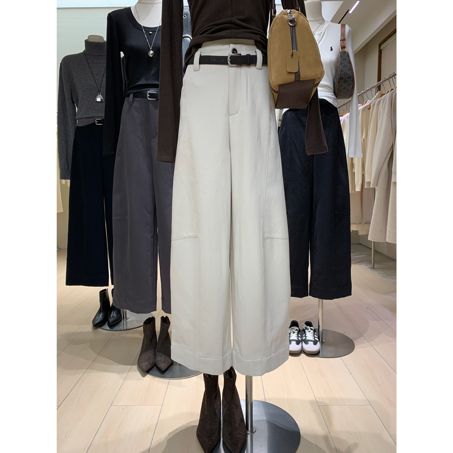 松弛感拼缝结弯刀茧型显瘦高腰直筒阔腿裤日常感加厚宽松工装长裤