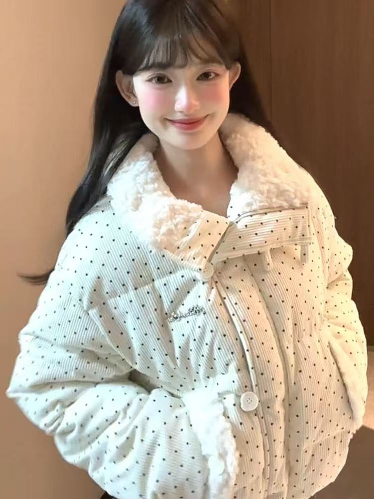 毛领韩系波点灯芯绒短款保暖宽松棉衣短棉服秋冬时尚冬装