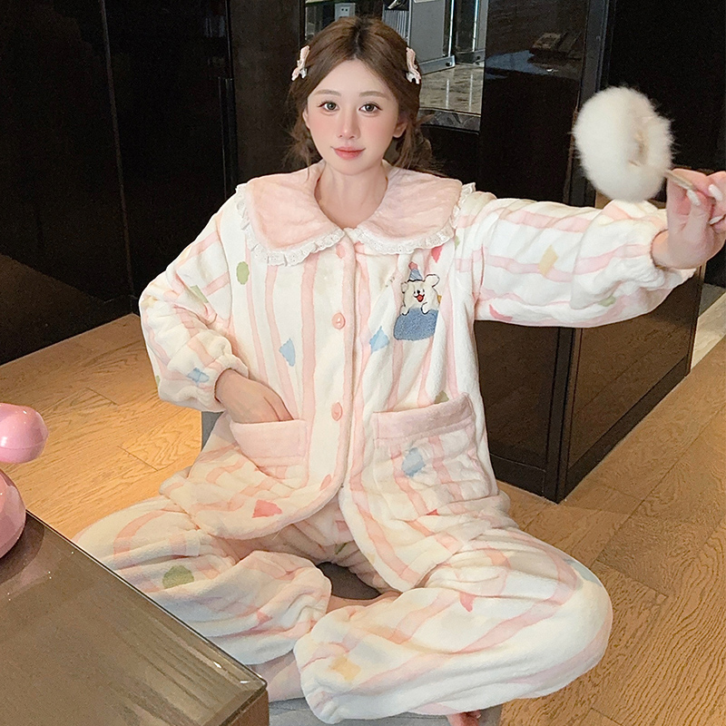 加肥加大200斤胖mm新款家居服冬法兰绒绒娃娃领加绒加厚大码睡衣