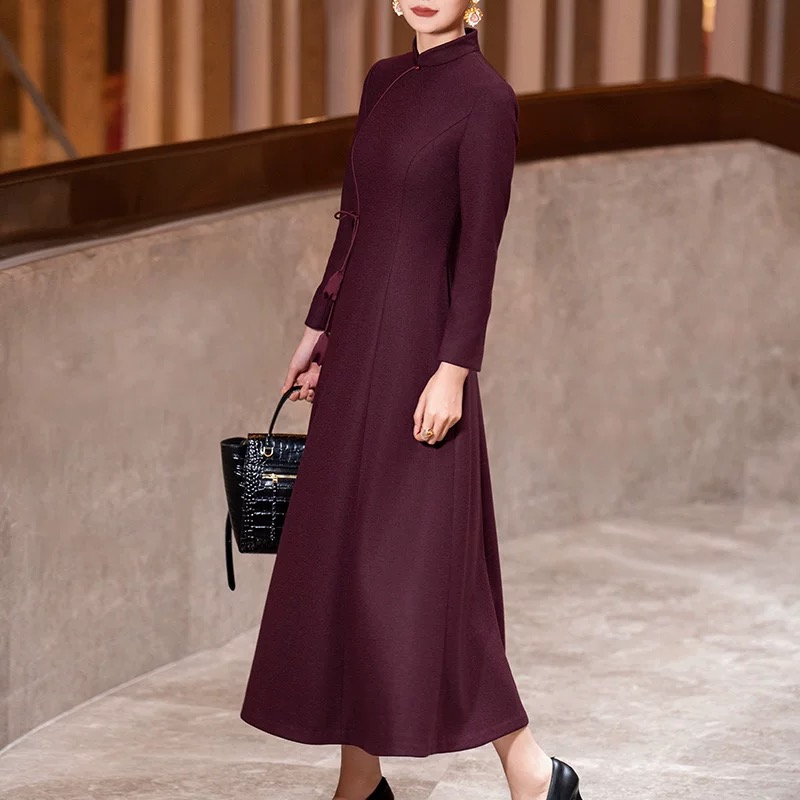 2025冬季新款新中式花苞连衣裙女收腰显瘦改良旗袍裙C757气质长袖